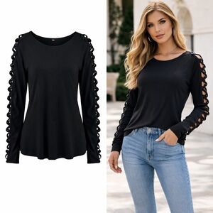 🖤 Black Open Cross Hatch Sleeves Top